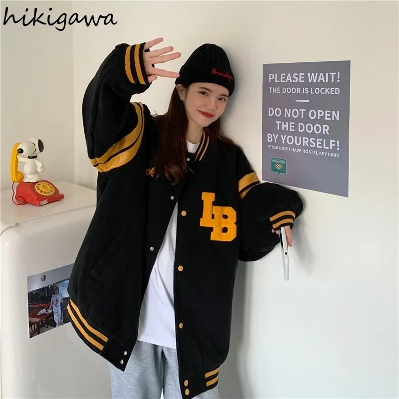 

Hikigawa Baseball Uniform Jacket Female 2021 Autumn Vintage High Street Stand Collar Loose Outer Wear Coat Casual Fashion Tops