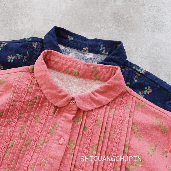 

New Autumn Winter Women Literary Cotton Dress Floral Print Organ Pleats Lace Turndown Collar Dress Women