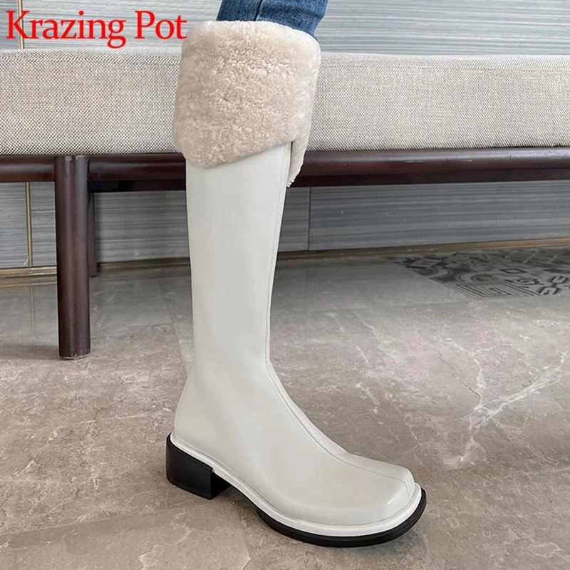 

Krazing Pot winter keep warm full grain leather plush snow boots square toe dating thick med heels beauty thigh high boots l11