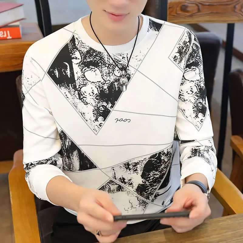 

Autumn New Men's Long-Sleeved T-shirt Korean Style round Neck Panel Pullover Hoody T-shirt Trendy and Casual Men's Top