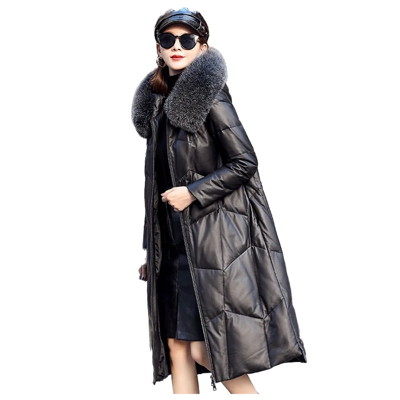 Leather Down Jacket Women Winter Sheepskin Fox Fur Hooded Thicken Overcoat Sheepskin Leather Parka Slim Warm Long Coats