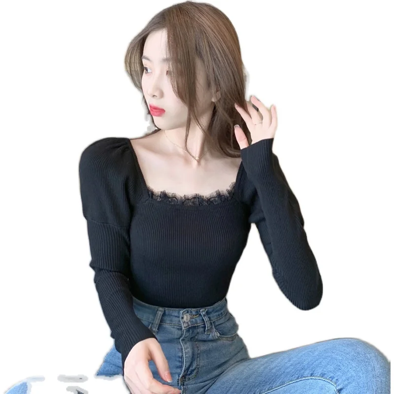 

Vintage Square Collar Women Sweater Autumn Winter Long Sleeve Slim Knitted Sweater Elegant Lace Patchwork Ladies Pullover Jumper