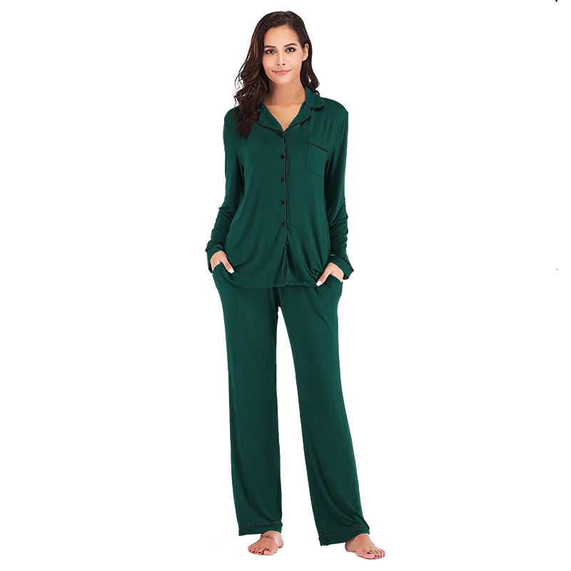 

Home Wear Spring Autumn Women Two Piece Set Casual Long Sleeve Pyjama Femme Solid Color Nightwear Top and Pants Pajamas Suit
