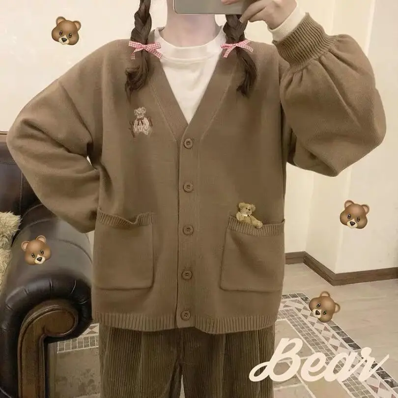 

Cute Bear Embroidery Cardigan Women Japanese Kawaii Sweater Women Autumn Winter Loose V-neck Knitted Jacket Coat Woman p62