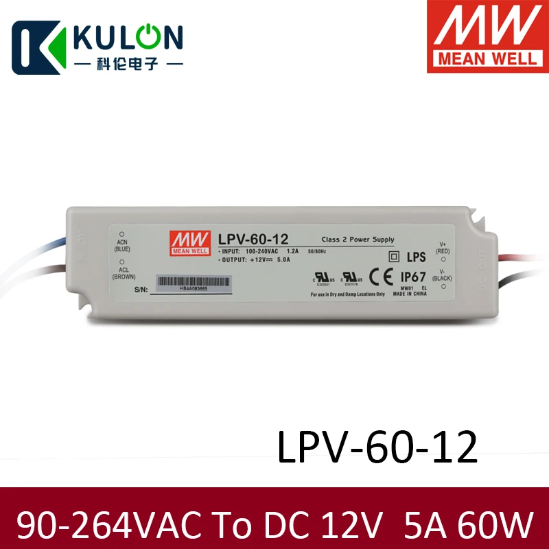 Оригинальный источник питания Meanwell с постоянным напряжением 12 В LPV 60 Вт 5A IP67