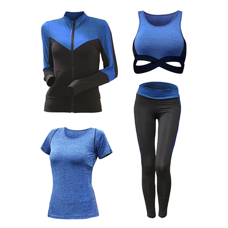 blue 4 Piece Set Женский комплект для йоги из 5 предметов, штаны с высокой талией+ пальто+ футболка+ бюстгальтер+ штаны, быстросохнущая одежда для спортзала фитнеса, спортивный комплект - Цвет: blue 4 Piece Set
