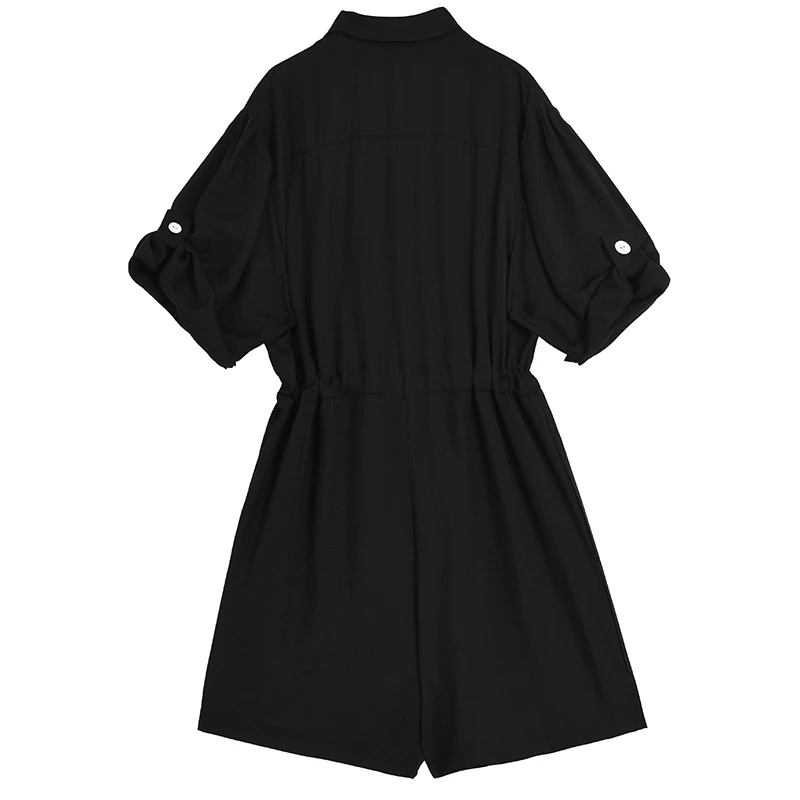 

[EAM] Loose Fit Women Black Drawstring Big Size Rompers New High Waist Pocket Stitch Pants Fashion Spring Summer 2021 1DD9613