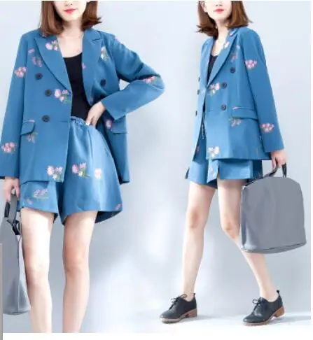 2019 OL Цветочная вышивка куртка и короткие костюмы комплект из 2 предметов шорты