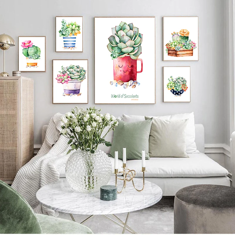 

Cactus Succulent Plant Canvas Painting Nordic Poster Wall Art Prints Watercolor Wall Pictures For Living Room Decor Unframed