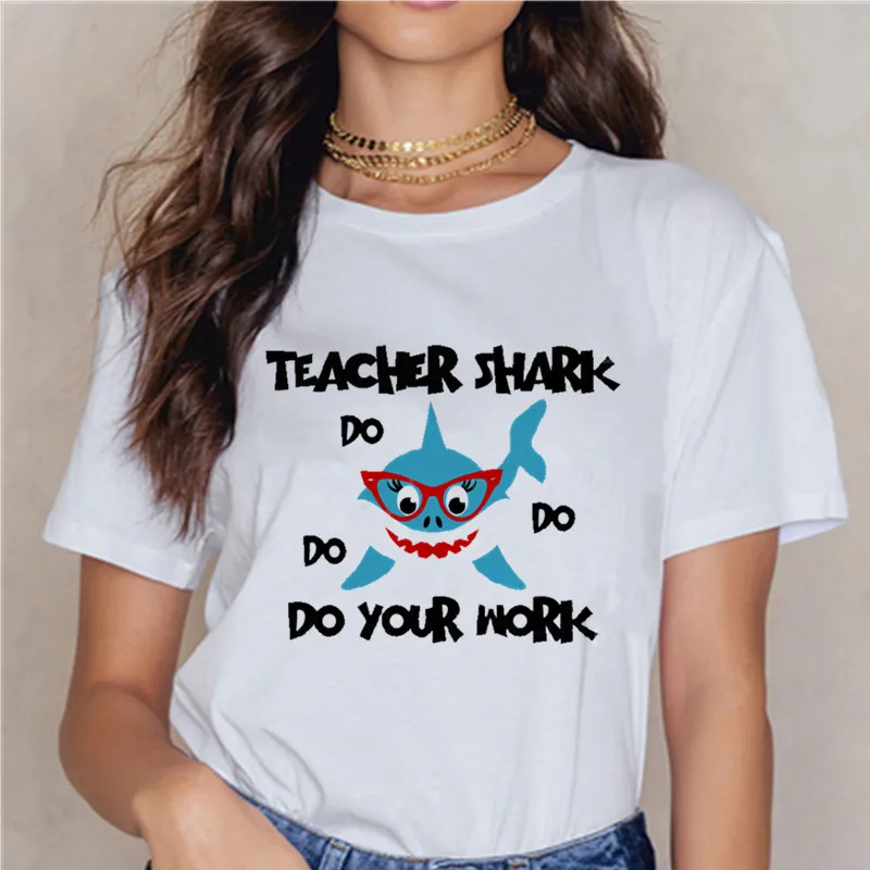 

New TEACHER SHARK Cartoon Printing Fashion T-shirt Shark Harajuku T-shirt Women Short Sleeved T-shirt Casual Top Camisas Mujer