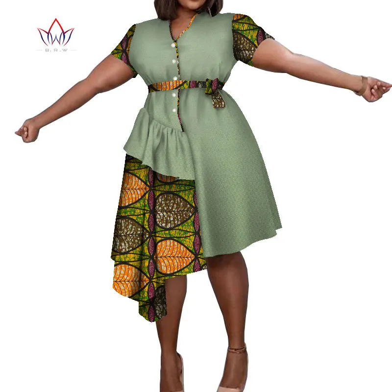 

African Short Sleeve Dresses for Women Dashiki Print Bazin Riche Women Dresses Vestidos Women African Clothing Knee LengthWY8417