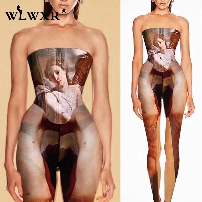 WLWXR Oil Painting Off Shoulder Summer Romper Women Sexy Bodycon Jumpsuit Female Backless Club One Piece Ladies | Женская одежда