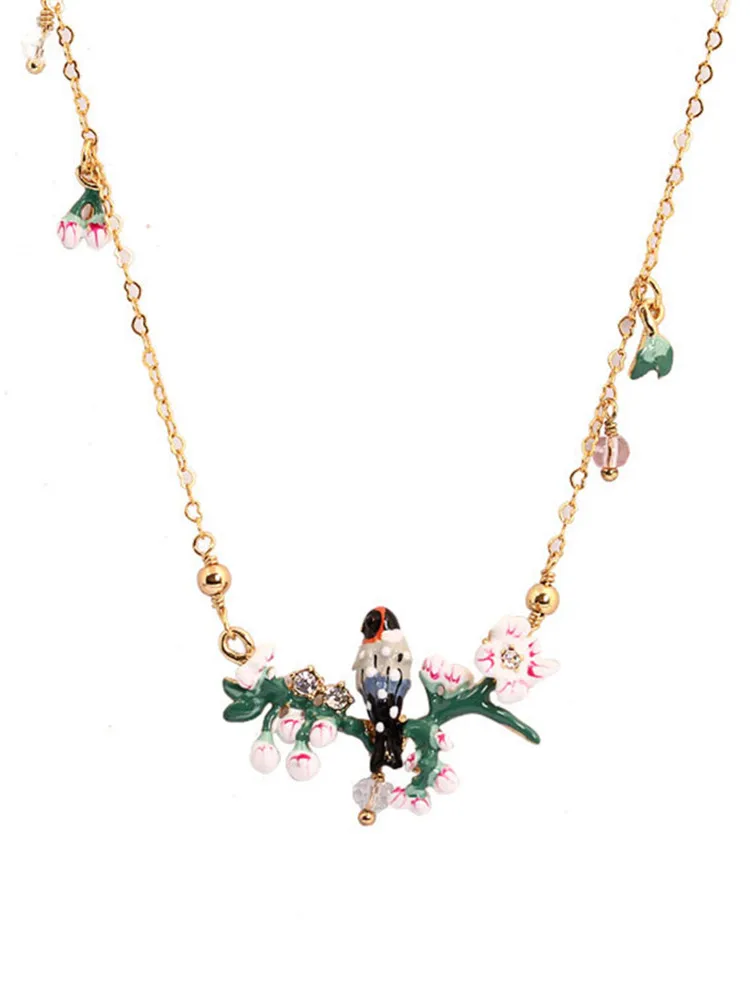 

European and American New Product Fashion Trend Enamel Glaze Romantic Pink Flower Bird Multi Pendant Necklace Clavicle Chain