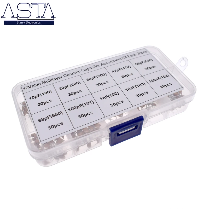

300pcs/lot 10Values*30pcs 10PF-100NF(100~104) 50V Multilayer Ceramic Capacitors Assorted Kit Assortment Set with Storage Box