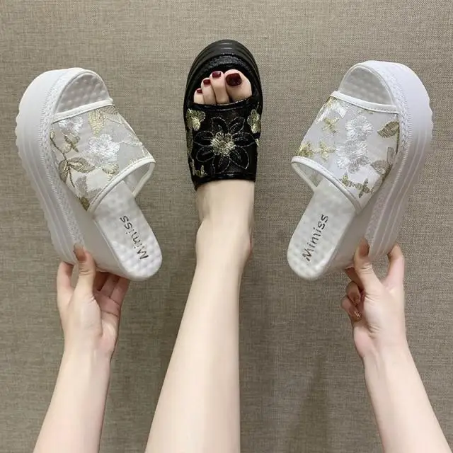 

High-Heeled Shoes Lady Slippers Women Summer Slides On A Wedge Peep Toe Platform Cotton Fabric PU Super Shoes Slippers Heels Pla