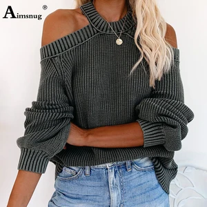 Aimsnug свитера с длинным рукавом и лямкой на шее пуловеры с вырезами на плечах свитер 2021 Осенняя мода женские Асимметричные вязаные топы