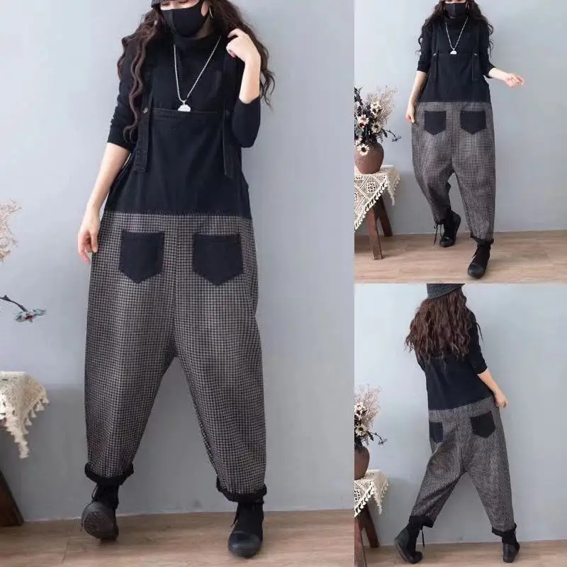 

2021 spring and summer new personalized denim strap pants women's Plaid splicing large drop crotch loose baggy pants