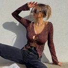 Женский винтажный укороченный топ с вырезами в стиле 90-х Y2K, футболка в эстетике с V-образным вырезом и длинным рукавом, кардиган на весну и осень, повседневные футболки в стиле Харадзюку, Топ
