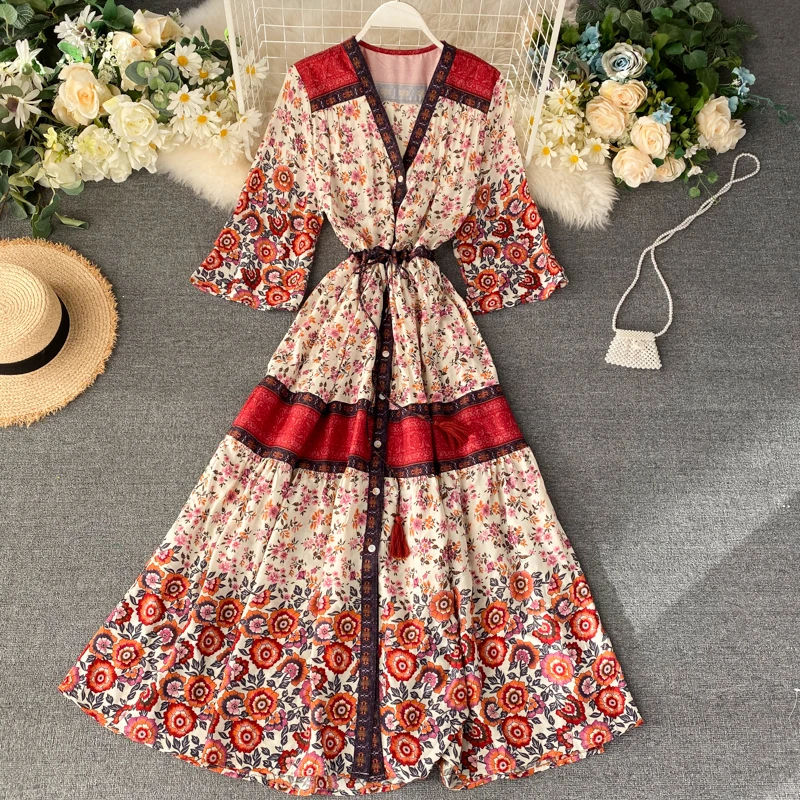 2020 Новая модная женская одежда с пышными рукавами лоскутное платье v образным