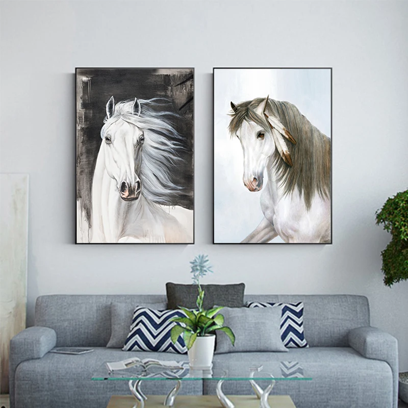 

Abstract White Strong War Horse Poster Canvas Painting Modern Animal Wall Art Picture for Living Room Big Tableaux Home Decor