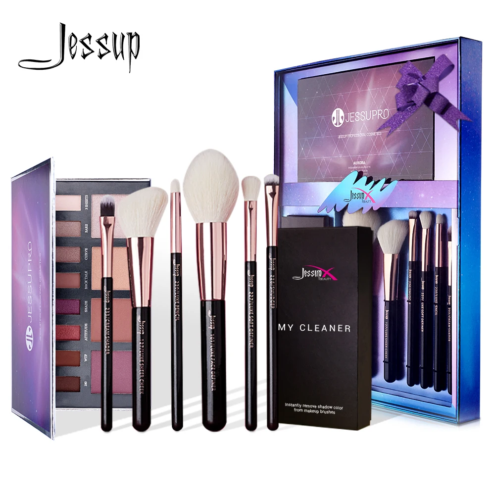 Comprar Jessup-Juego De Brochas De Maquillaje, 6 Uds., Herramientas De Belleza, Brocha De Polvo Para Sombras Con Cepillo Limpiador, Esponja Y Paleta De Sombras De Ojos De 12 Colores