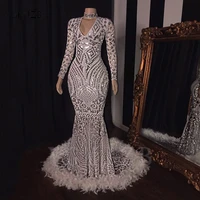silver sequined mermaid prom dresses 2022 luxury v neck long sleeve feathers african women formal evening gowns gala dress
