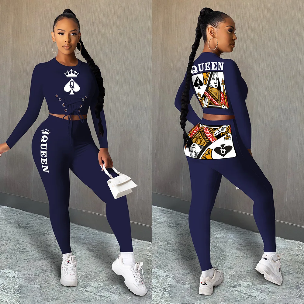 CM.YAYA Black Queen Spade Q Women Lace Up Waist Tee Tops Pencil Pants Suit Active Wear Tracksuit Two Piece Set Fitness Outfits |