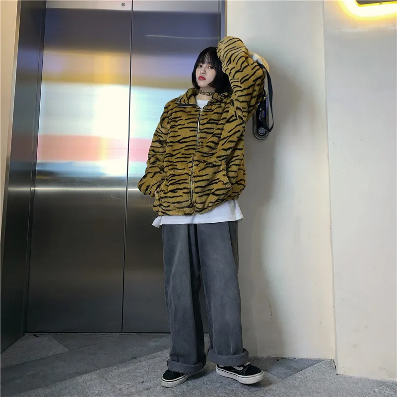 Harajuku шикарный винтажный корейский стиль хип хоп Уличный синий желтый леопард молния унисекс зимняя куртка пальто для женщин femme YQ-1092