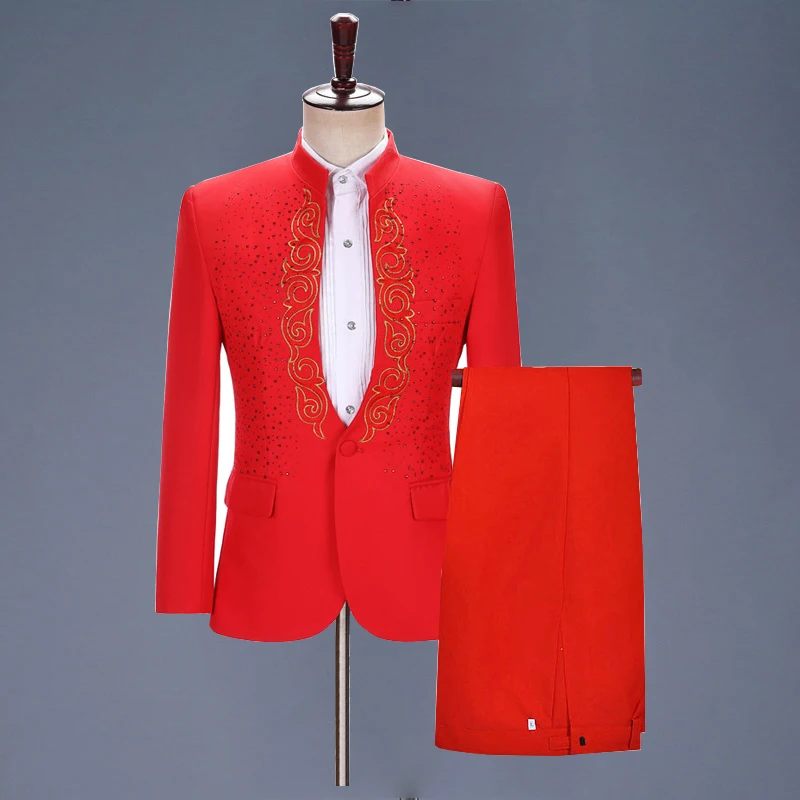 

Роскошный костюм с вышивкой бриллиантами, мужские свадебные костюмы для смокинга жениха, мужские костюмы со стоячим воротником, костюм для ...