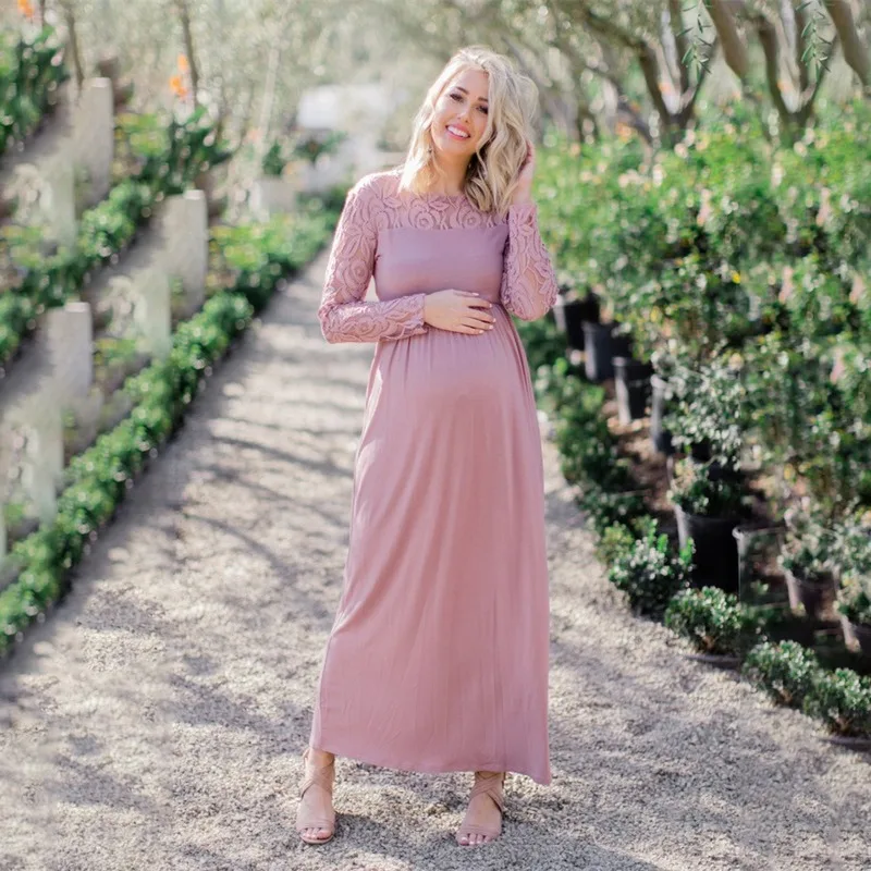 

Pregnancy Dress Long Sleeve Maternity Gown Nursing Dresses Clothes Plus Pregnant Woman Vestidos Pure Color Lace Hollow Dress