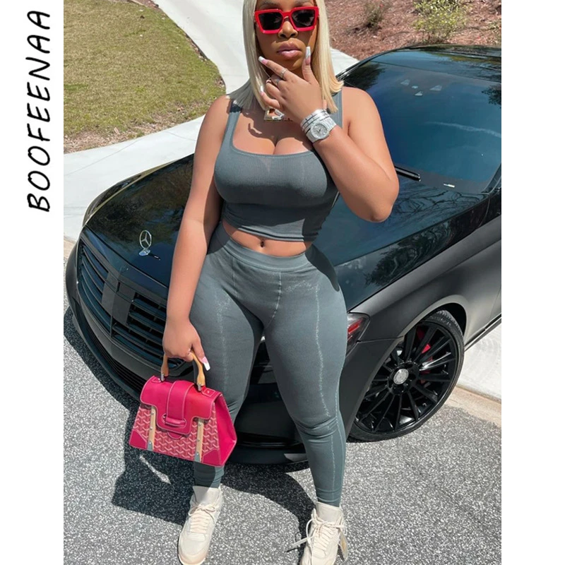 

BOOFEENAA повседневное 2 комплекты из двух предметов топ и штаны белого серого и черного цветов, милая, летняя спортивная одежда для женщин, трен...