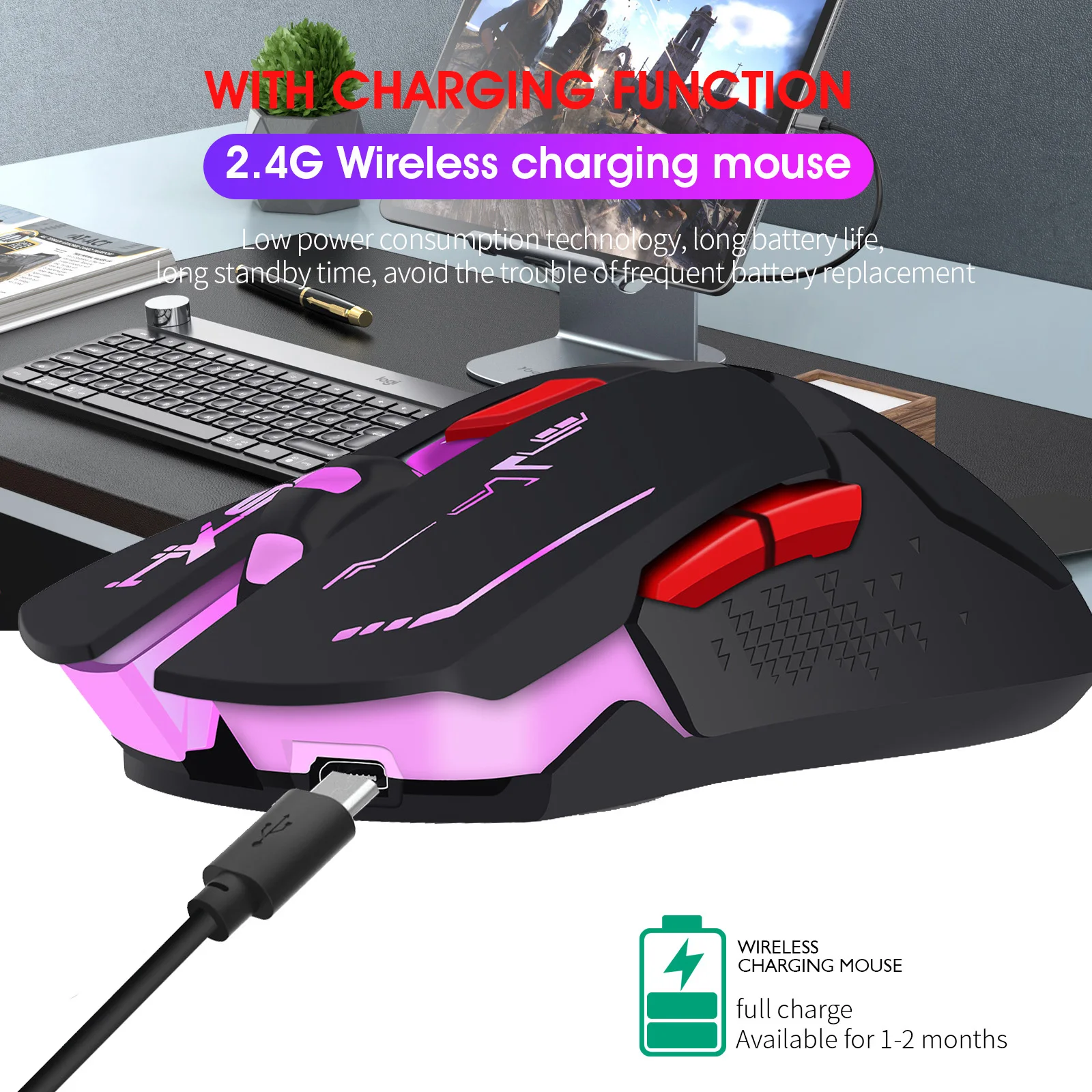 hxsj 2400dpi rechargeable wireless gaming mouse 7 color backlight breathing comfort gamer mice for computer desktop laptop free global shipping