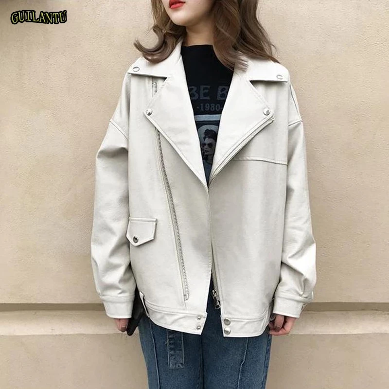 Pu Leather Jacket Women Fashion Bright Colors Beige Motorcycle Coat Short Faux Leather Biker Jacket Soft Jacket Female