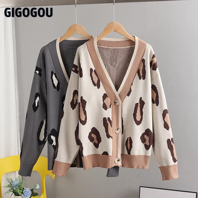 Женский кардиган с леопардовым принтом GIGOGOU повседневный вязаный на весну и