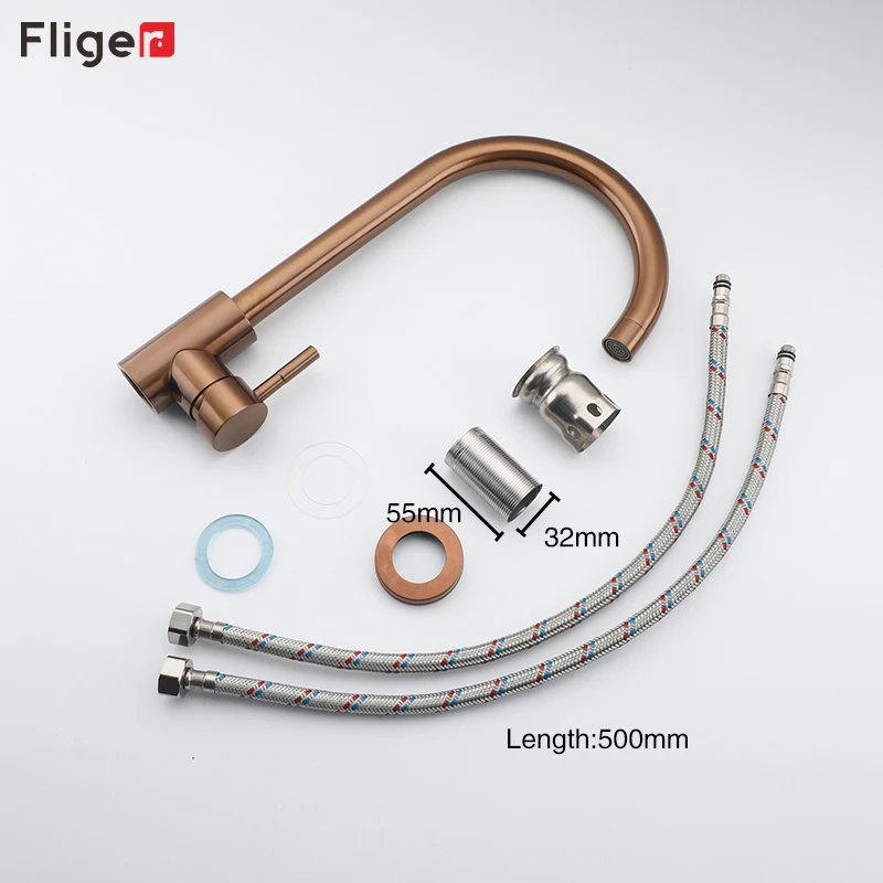Fliger Rose Gold Kitchen Faucets Stainless Steel Kitchen Sink Faucets Hot Cold Water Mixer Faucet Sink Mixer Tap Torneira images - 6