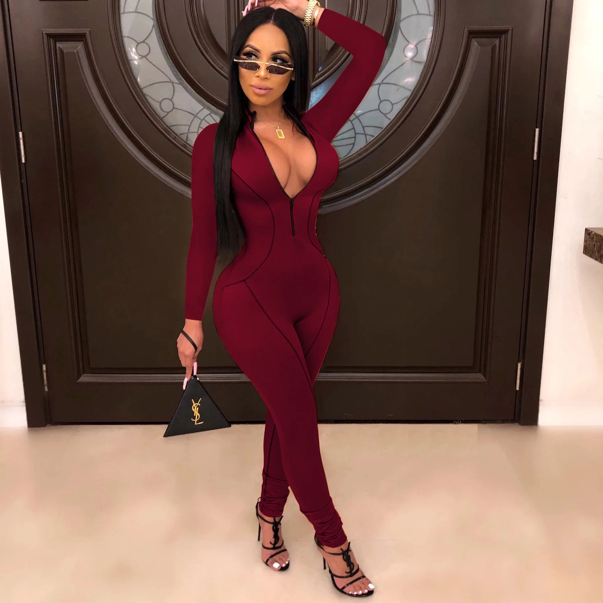 Tobinoone, сексуальный Облегающий комбинезон, комбинезон с длинным рукавом, боди для женщин, на молнии, v-образный вырез, комбинезон, элегантный, полная длина, полиэстер