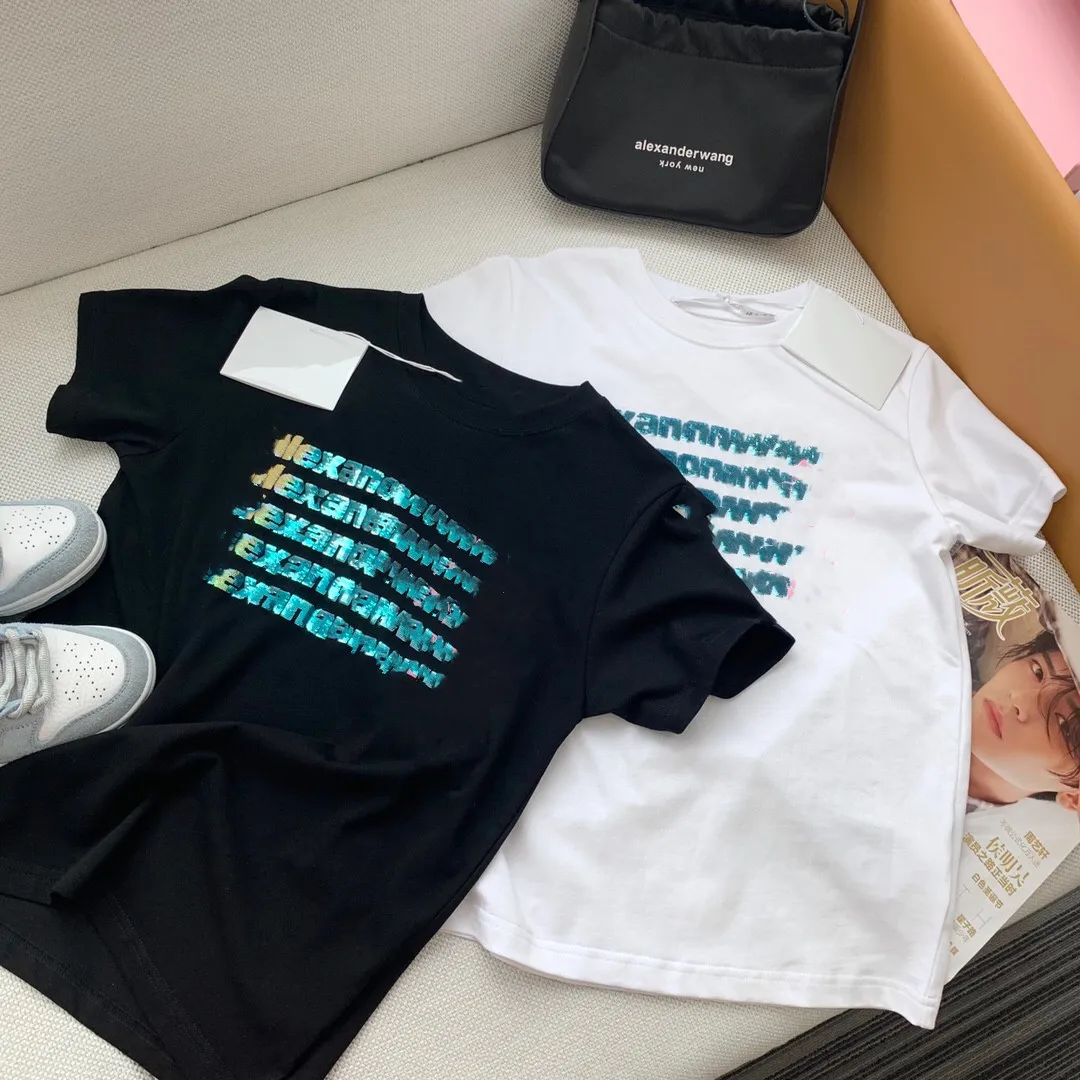 

2021 Summer new designer's men's and women's wear gradual bead piece letter loose couple's round neck simple street style