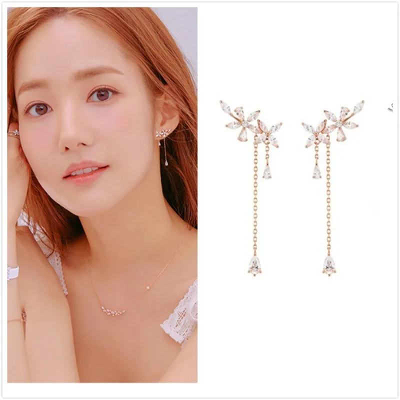 

Zircon Flower Water Drop Tassel Earrings Elegant Leaf Long Earrings Korean Temperament Earrings Jewelry