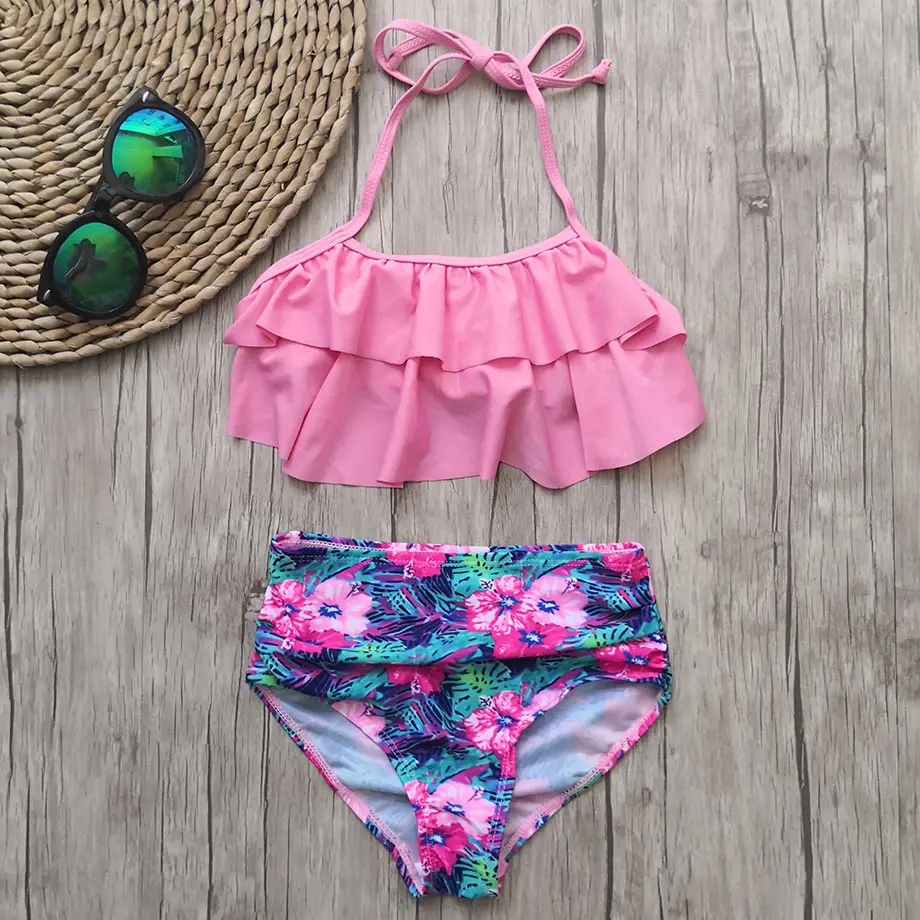 Купальный костюм для девочек с цветочным принтом оборками комплект бикини