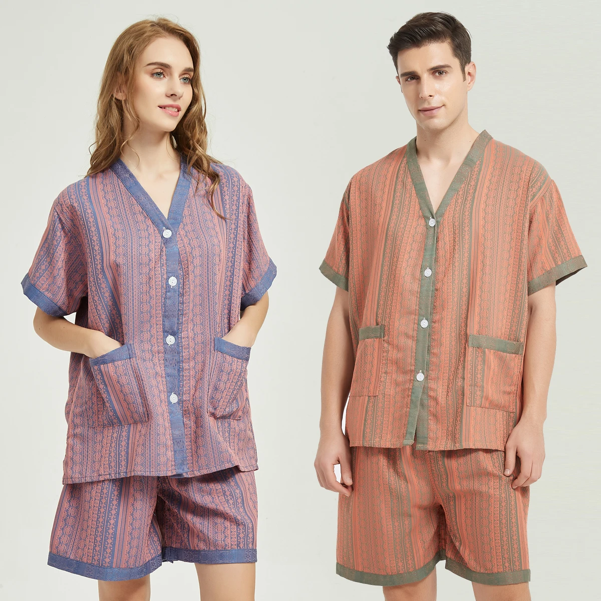 Summer Couple Pajama Sets Cotton Sleepwear Men And Women Home Clothing Pajamas Comfort Long Sleeves Buttons Homewear