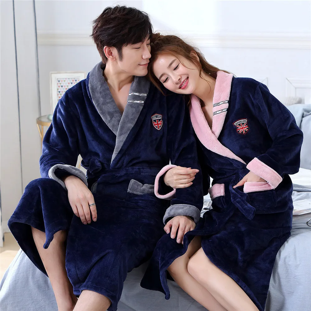 

Women&men Bathorobe With Belt Full Sleeve Warm Negligee Novelty V-neck Winter Robe Thicken Ultra Flannel Home Dressing Gown