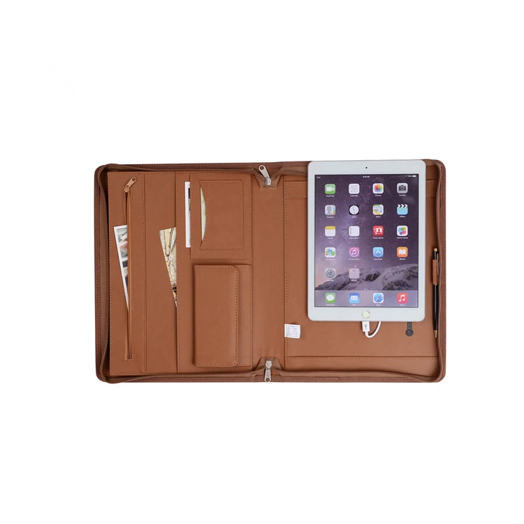 

2018 leather product letter size organizer padfolio for ipad with power bank
