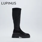 Темные на толстой платформе; Кожа; Сапоги до колена; Сапоги в жокейском стиле; Круглый носок, на платформе, высокие сапоги, кожа, сапоги женские Роскошная фирменная обувь