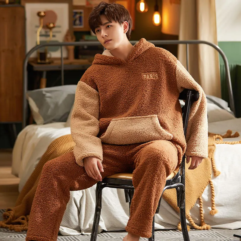 Winter Coral Velvet Pajamas Men's Thickened Flannel Warm Plush Hooded Homewear Set