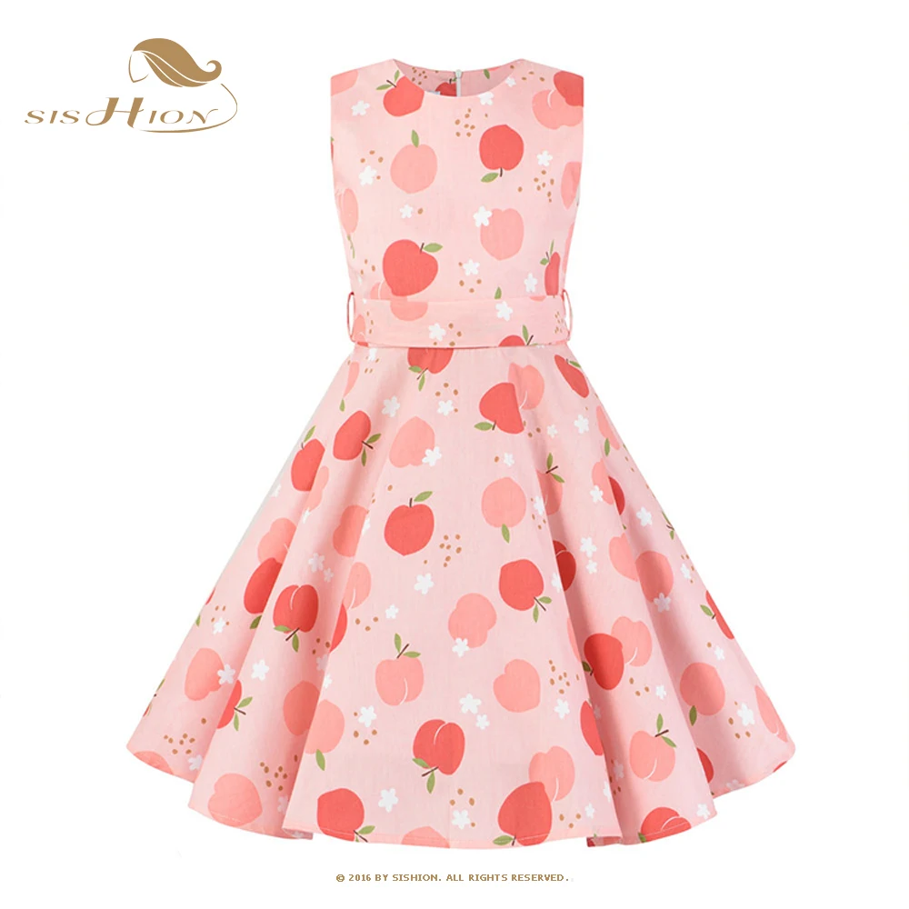 

Детское винтажное платье SISHION в стиле 50-х годов, платье без рукавов с вишневой клубничкой, платье в стиле ретро с высокой талией и цветочным п...