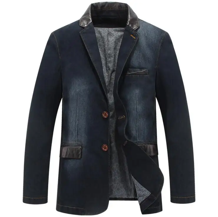 Autumn Fashion Male Slim Fit Casual Denim Suit Jacket Men Stitching leather Blazer Terno Masculino Brand Mens Denim Blazer
