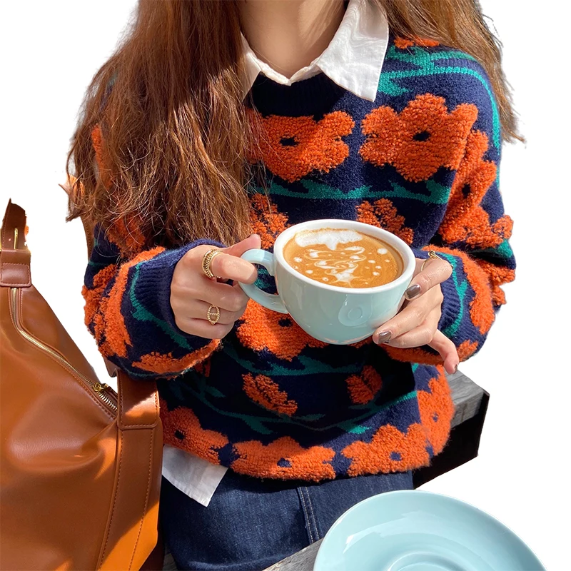 

GIYU Vintage Long Sleeve Pullover Sweater Women Korean Flowers Embroidery O-Neck Top 2021 Spring New Fashion Loose Blouse Female