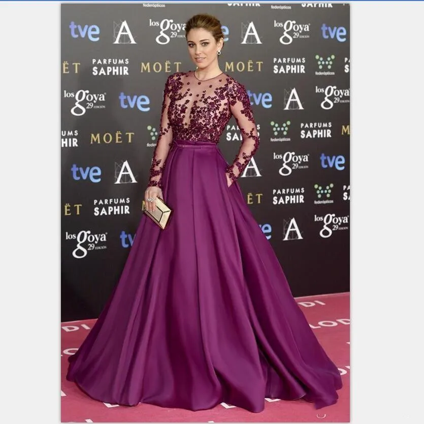 

Burgundy Long Evening Dress Beads Sheer Neck Long Sleeves Illusion Bodice Sequins Formal Prom Party Gown Mother Bride Dresses