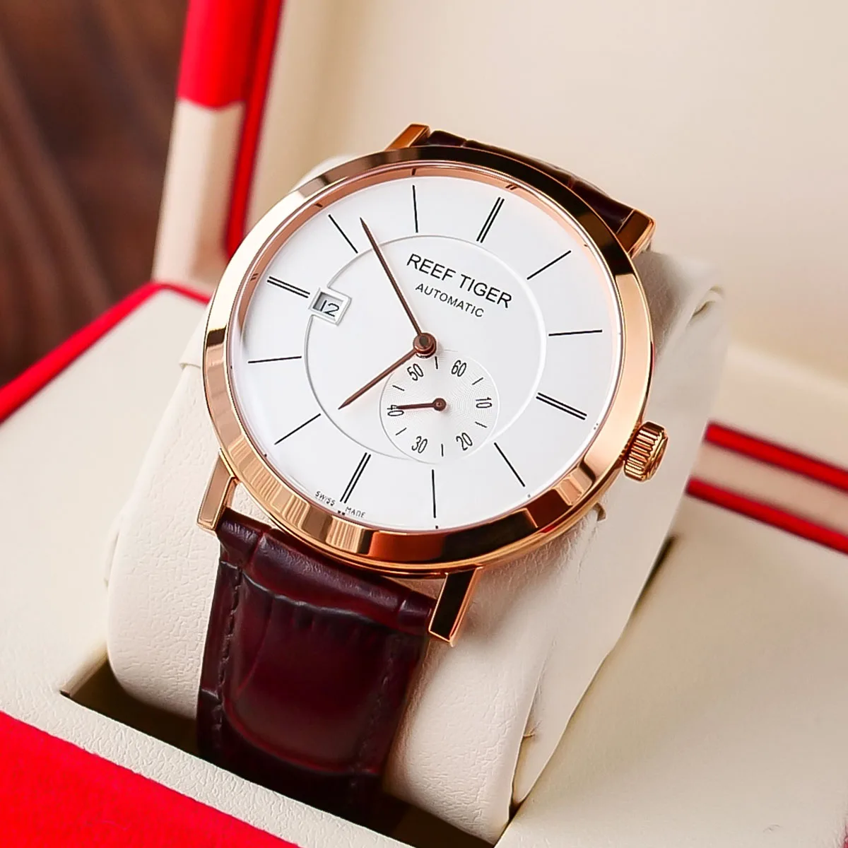 

Reef Tiger/RT Business Automatic Watch with Date Ultra Thin Rose Gold Watches For Men Calfskin Leather Waterproof Watch RGA161