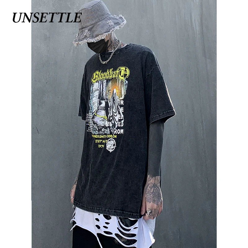 UNSETTLE Готическая футболка большого размера для мужчин/женщин хип-хоп модный принт